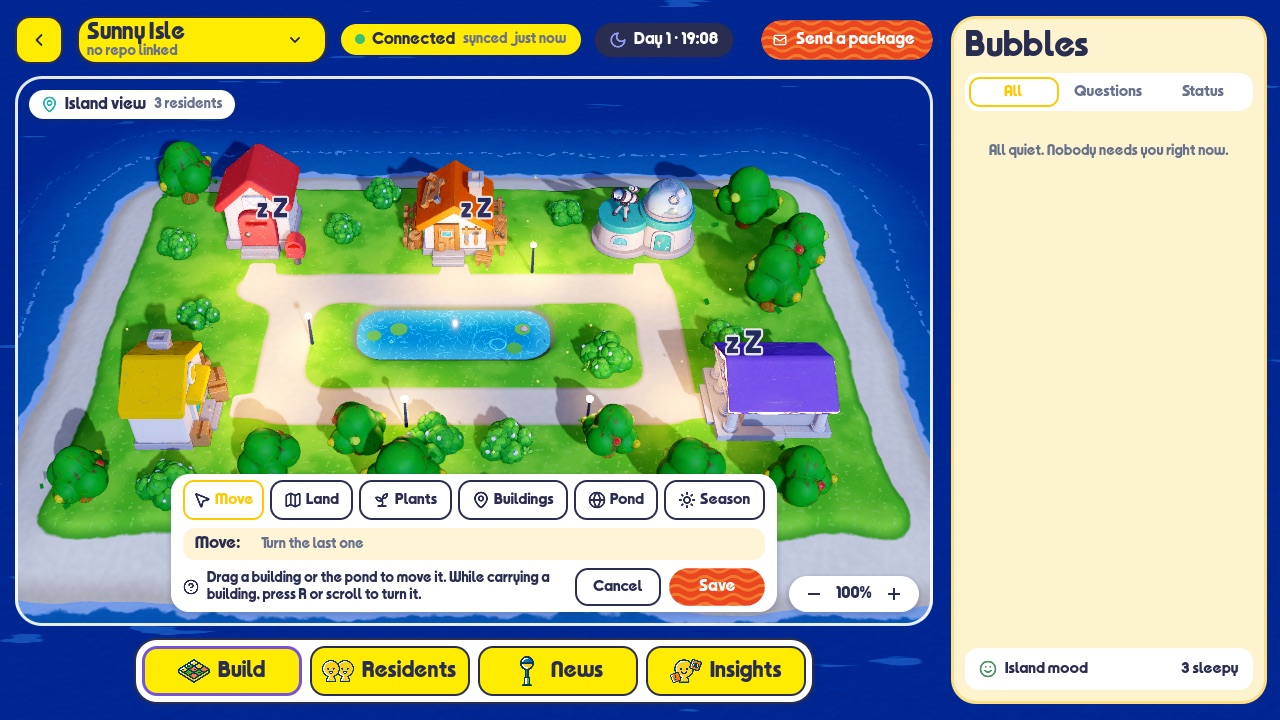 Sunny Isle: a small island with five buildings, a pond and trees, seen from above